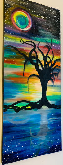Nature Painting. This is an abstract painting of the night sky and how I see the moon, that is why the moon s colorful and not blue. The tree in the painting is on the water and shows a little reflection.